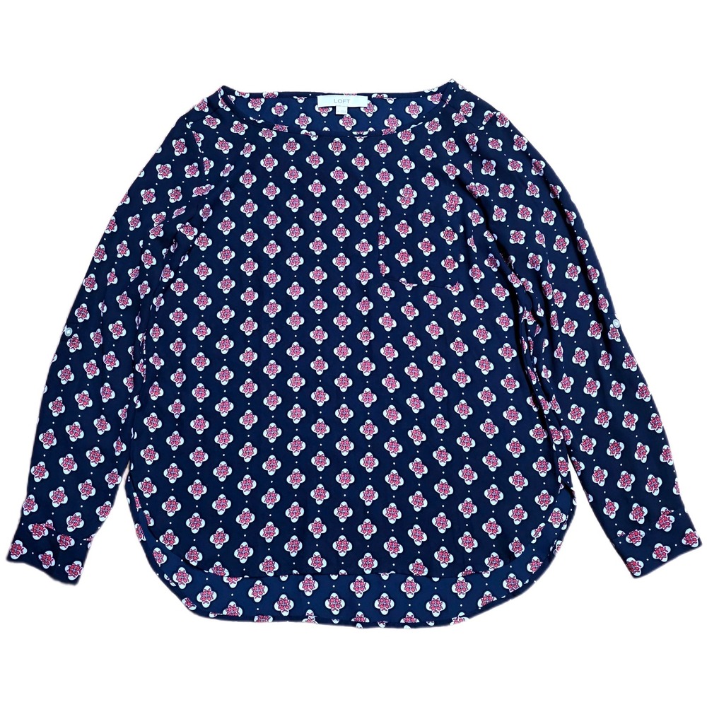 LOFT Casual Blouse Women's Size M Navy Pink Floral Print Long Sleeve Button Cuff